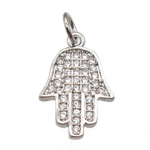 copper hamsahand pendant paved zircon, platinum plated, approx 10-14mm