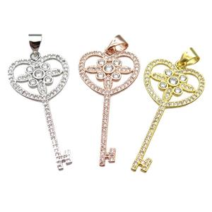 copper Key charm pendant pave zircon, mixed color, approx 16-32mm