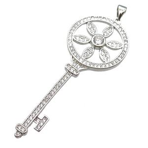 copper Key pendant pave zircon, platinum plated, approx 22-57mm