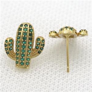 copper studs Earring paved zircon, cactus, gold plated, approx 14mm