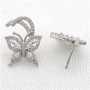 copper studs Earring paved zircon, butterfly, platinum plated, approx 17-22mm