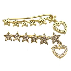 copper star brooch paved zircon, gold plated, approx 35mm length