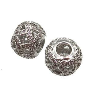 European Style copper round beads paved zircon, platinum plated, approx 10-12mm, 5mm hole