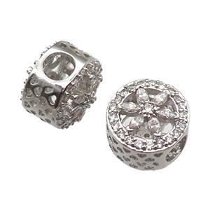 European Style copper beads paved zircon, platinum plated, approx 10-12mm, 5mm hole