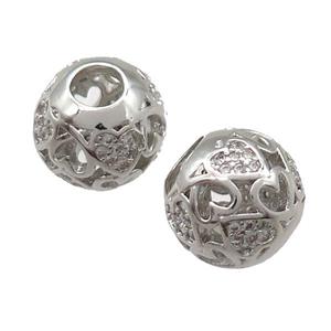 European Style copper round beads paved zircon, platinum plated, approx 10-12mm, 5mm hole