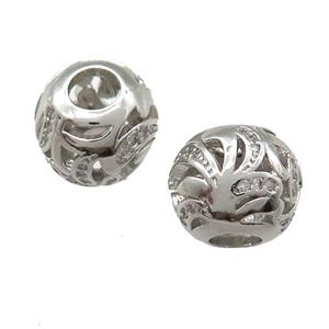 European Style copper round beads paved zircon, platinum plated, approx 10-12mm, 5mm hole