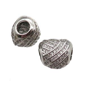 European Style copper heart beads paved zircon, platinum plated, approx 10-12mm, 5mm hole