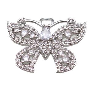 copper butterfly pendant paved zircon, platinum plated, approx 18-24mm