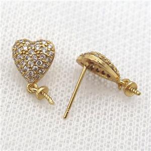 copper Studs Earring paved zircon, heart, gold plated, approx 9mm