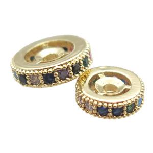 copper spacer beads paved zircon, heishi, gold plated, approx 10mm dia