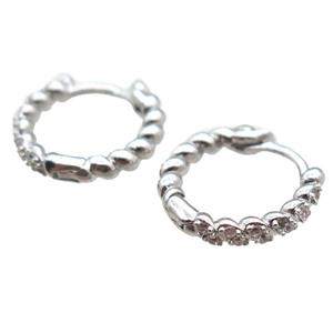 copper huggie Hoop Earrings paved zircon, platinum plated, approx 14mm dia