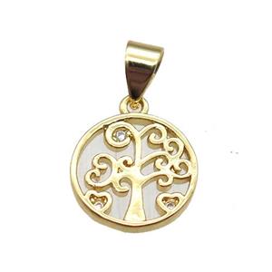 copper pendant paved zircon, tree of life, gold plated, approx 11.5mm