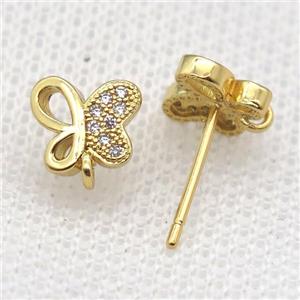 copper Stud Earrings paved zircon, butterfly, gold plated, approx 8mm