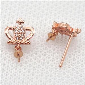 copper Stud Earrings paved zircon, crown, rose gold, approx 9mm