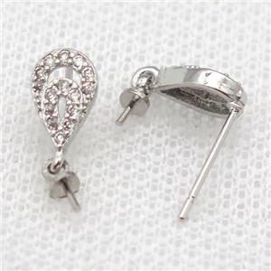 copper Stud Earrings paved zircon, teardrop, platinum plated, approx 6-10mm