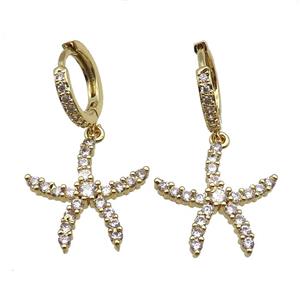 copper Hoop Earrings paved zircon, starfish, gold plated, approx 20mm, 14mm dia