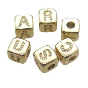 copper letter beads paved zircon, cube, mixed alphabet, large hole, gold plated, approx 8.5mm, 4mm hole