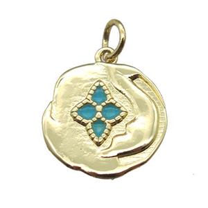 copper flower pendant with enameling, gold plated, approx 15mm dia