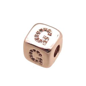 copper letter-G beads paved zircon, cube, rose gold, approx 8.5mm, 4mm hole