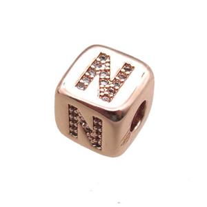 copper letter-N beads paved zircon, cube, rose gold, approx 8.5mm, 4mm hole