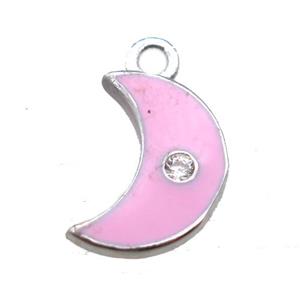 pink enameling copper moon pendant paved zircon, platinum plated, approx 6-10mm