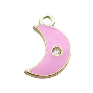 pink enameling copper moon pendant paved zircon, gold plated, approx 6-10mm