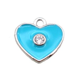 aqua enameling copper heart pendant paved zircon, platinum plated, approx 10mm