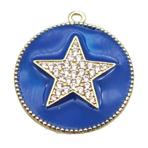 copper star pendant pave zircon with blue enameling, gold plated, approx 25mm dia