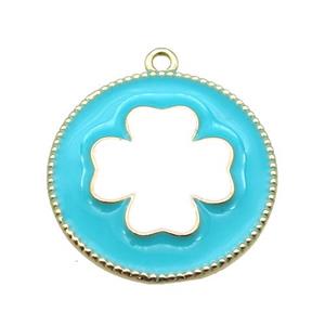 copper clover pendant with aqua enameling, gold plated, approx 25mm dia