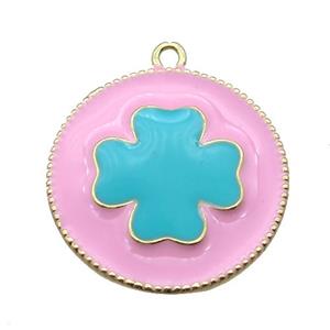 copper clover pendant with pink enameling, gold plated, approx 25mm dia