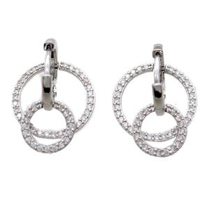 copper Hoop Earrings paved zircon, circle, platinum plated, approx 10mm, 16mm, 15mm dia