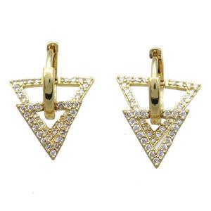 copper Hoop Earrings paved zircon, triangle, gold plated, approx 12mm, 16mm, 15mm dia