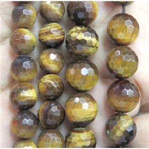 natural tiger eye stone bead, A-grade, faceted round, yellow, approx 12mm dia