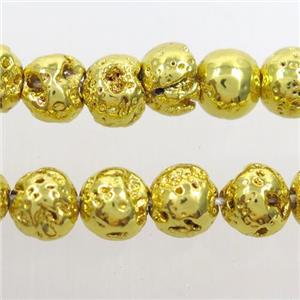 round Lava stone beads, gold electroplated, approx 8mm dia