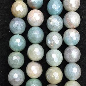 Amazonite stone beads, faceted round, Electroplated, approx 6mm dia