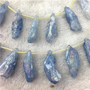 crystal quartz stick beads, freeform, blue electroplated, approx 12-40mm