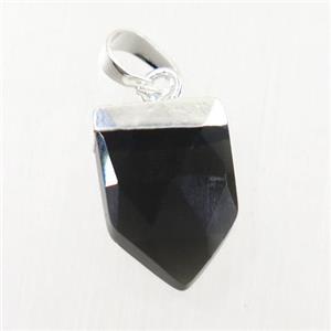 black onyx agate pendant, faceted arrowhead, silver plated, approx 10-15mm