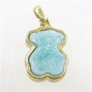 aqua druzy quartz pendant, bear, gold plated, approx 12-14mm