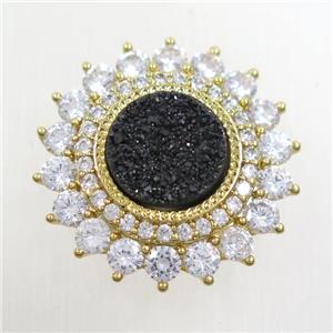 black Druzy Quartz SunFlower beads pave zircon, gold plated, approx 10mm, 23mm dia