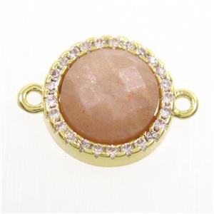 peach MoonStone connector paved zircon, circle, gold plated, approx 11mm dia