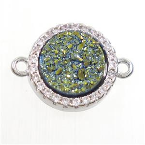 green Druzy Quartz connector paved zircon, circle, platinum plated, approx 11mm dia