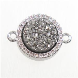 silver Druzy Quartz connector paved zircon, circle, platinum plated, approx 11mm dia