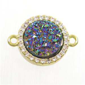 rainbow Druzy Quartz connector paved zircon, circle, gold plated, approx 11mm dia