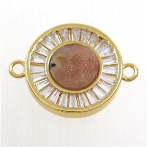 peach MoonStone circle connector pave zircon, brass, gold plated, approx 8mm, 16mm dia