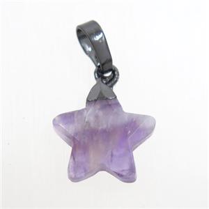 purple Amethyst star pendant, black plated, approx 12mm dia