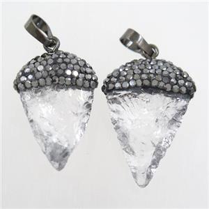 hammered Clear Quartz arrowhead pendant paved rhinestone, approx 15-30mm