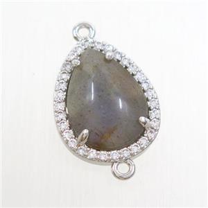 Labradorite teardrop connector pave zircon, platinum plated, approx 13-17mm