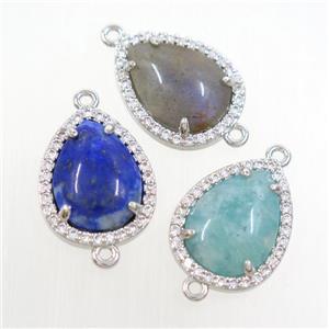 mix gemstone teardrop connector pave zircon, platinum plated, approx 13-17mm