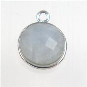 Aquamarine circle pendant, platinum plated, approx 10mm dia