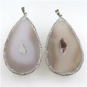 druzy agate slice pendants paved rhinestone, treadrop, approx 30-60mm